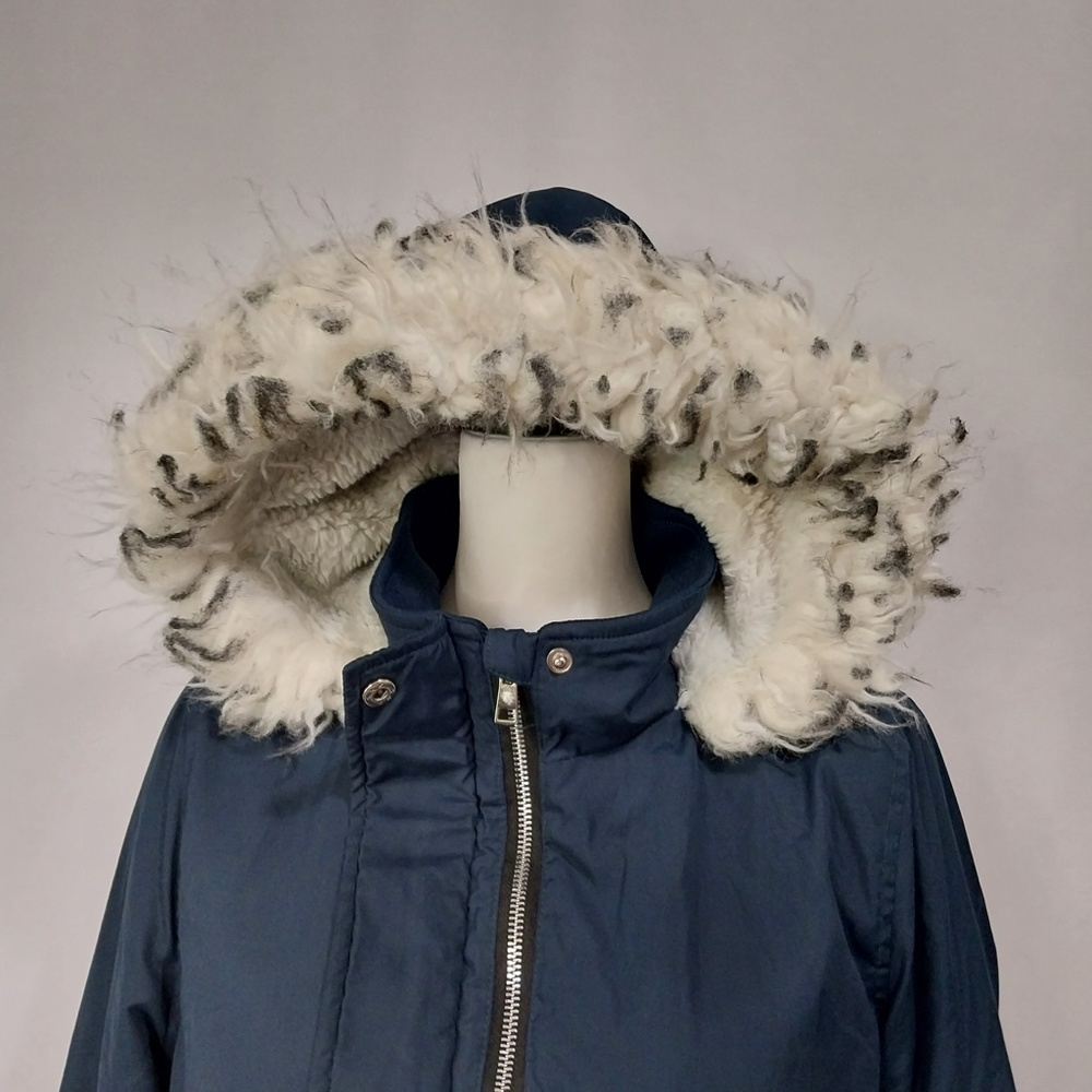 Tiffosi Navy Blue Hooded White Faux Fur Zip Up Button Down Long Sleeve Jacket M - Picture 7 of 15